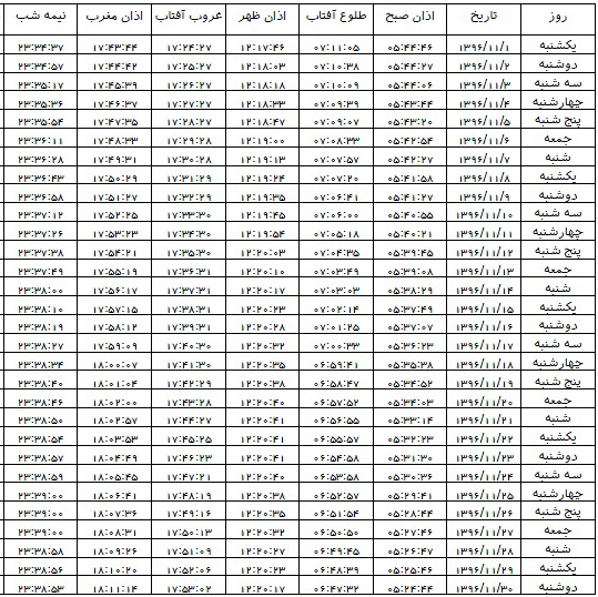 اوقات شرعی بهمن ماه ۱۳۹۶ استان قم