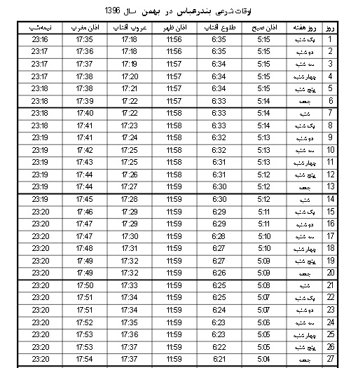 اوقات شرعی بندرعباس بهمن سال 96
