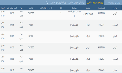 پرواز&zwnj;های فرودگاه&zwnj; بندرعباس 5 دی 96