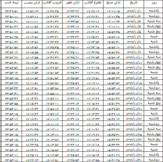 اوقات شرعی بهمن ماه 96 به افق سنندج