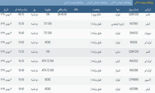 پرواز&zwnj;های فرودگاه&zwnj; بندرعباس دوشنبه 2 بهمن 96