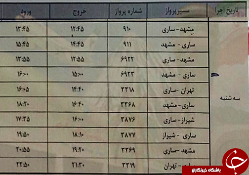 پرواز&zwnj;های سه شنبه ۳ بهمن از فرودگاه&zwnj;های مازندران