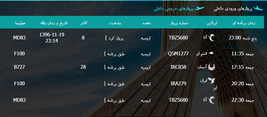 پرواز&zwnj;های جمعه ۲۰ بهمن ماه از فرودگاه بین المللی ارومیه