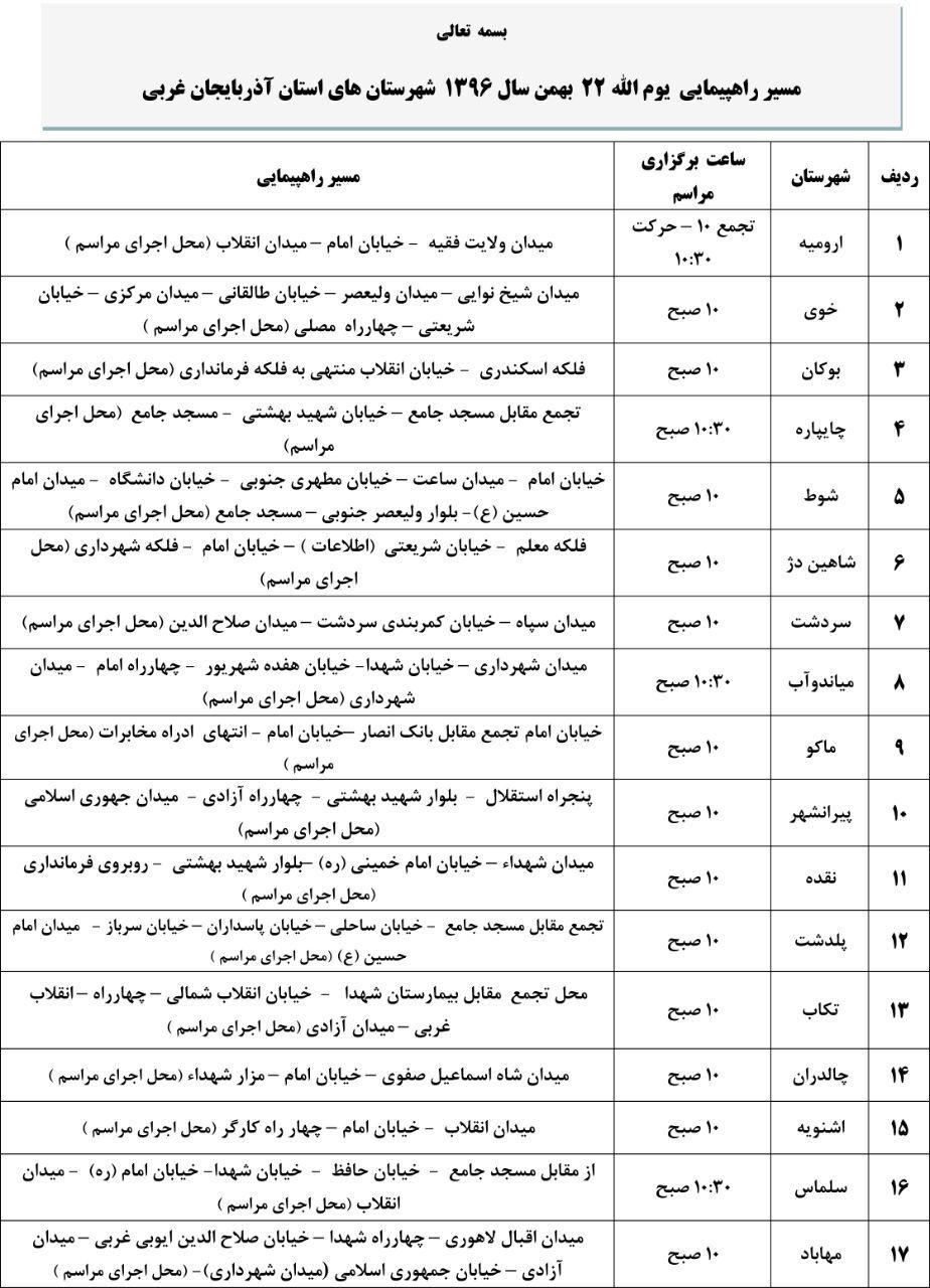 اعلام مسیر&zwnj;های راهپیمایی ۲۲ بهمن در آذربایجان غربی