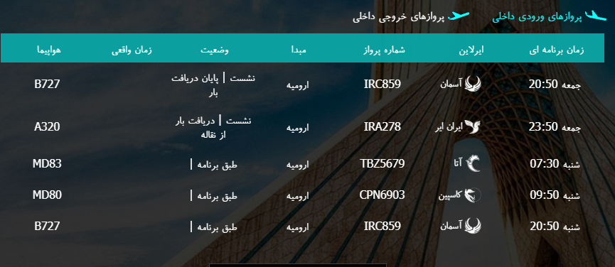پرواز&zwnj;های شنبه ۲۱ بهمن ماه از فرودگاه بین المللی ارومیه