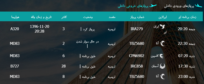 پرواز&zwnj;های شنبه ۲۱ بهمن ماه از فرودگاه بین المللی ارومیه