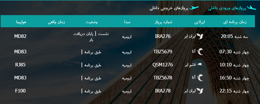 پرواز&zwnj;های چهارشنبه ۲۵ بهمن ماه از فرودگاه بین المللی ارومیه