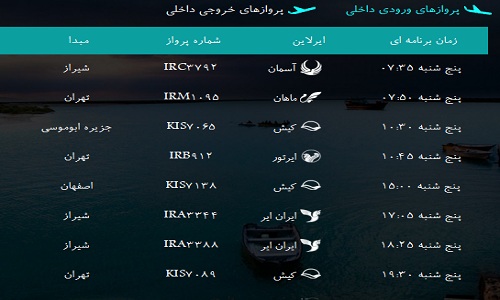 پرواز&zwnj;های فرودگاه&zwnj; بندرعباس پنجشنبه 26 بهمن 96