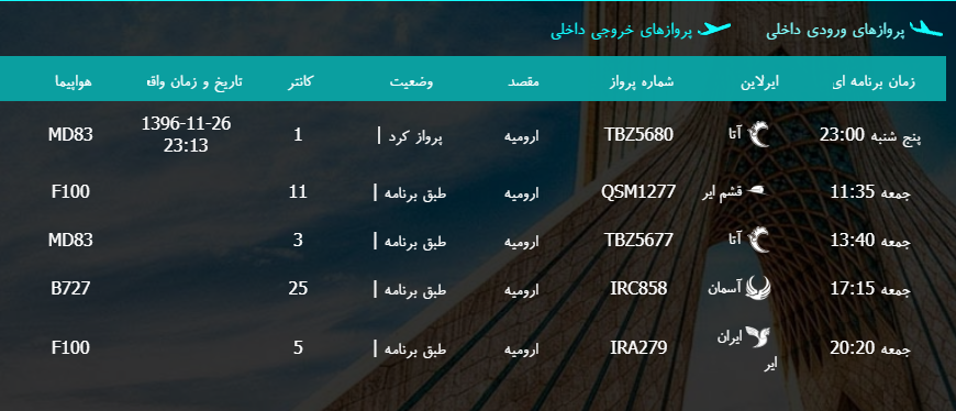 پرواز&zwnj;های جمعه ۲۷ بهمن ماه از فرودگاه بین المللی ارومیه