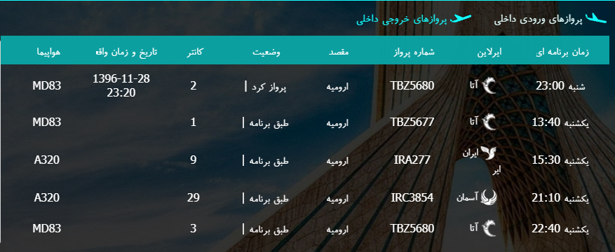 پرواز&zwnj;های یکشنبه ۲۹ بهمن ماه از فرودگاه بین المللی ارومیه