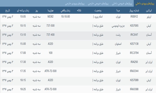 پرواز&zwnj;های فرودگاه&zwnj; بندرعباس سه شنبه 3 بهمن 96