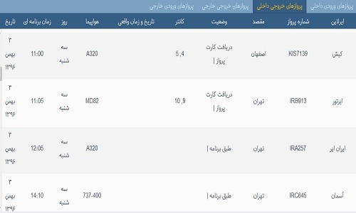پرواز&zwnj;های فرودگاه&zwnj; بندرعباس سه شنبه 3 بهمن 96