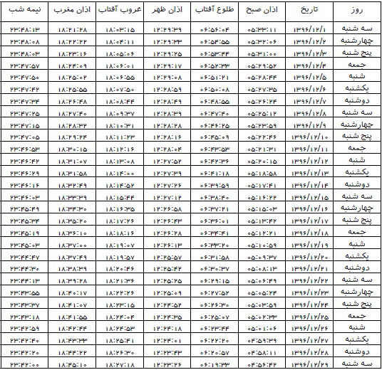 اوقات شرعی اسفند ماه ۱۳۹۶ استان همدان