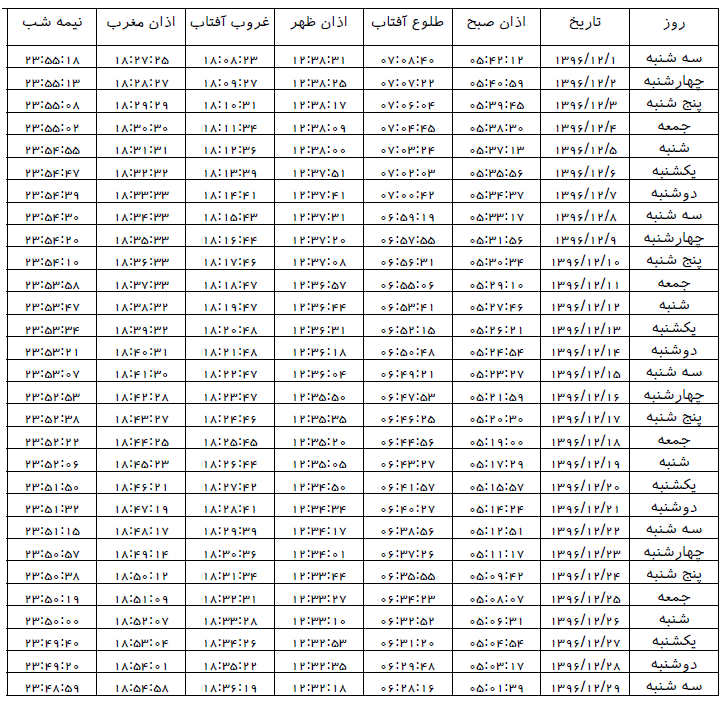 اوقات شرعی تبریز در اسفندماه ۱۳۹۶