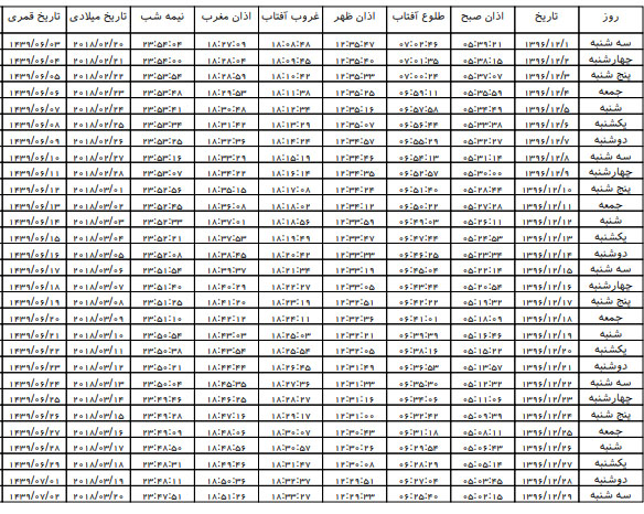 اوقات شرعی اسفند ماه 96 به افق سنندج