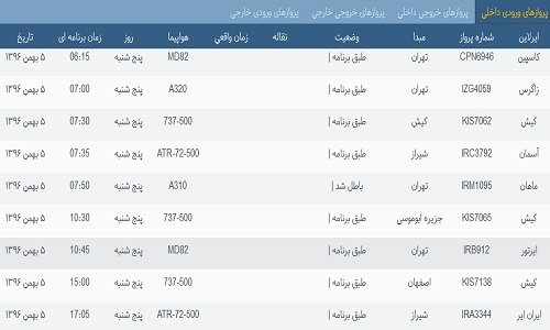 پرواز&zwnj;های فرودگاه&zwnj; بندرعباس پنجشنبه 5 بهمن 96