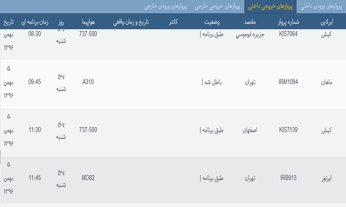 پرواز&zwnj;های فرودگاه&zwnj; بندرعباس پنجشنبه 5 بهمن 96