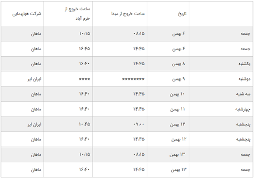 برنامه پرواز&zwnj;های فرودگاه خرم&zwnj;آباد تا جمعه ۱۳ بهمن ماه ۱۳۹۶