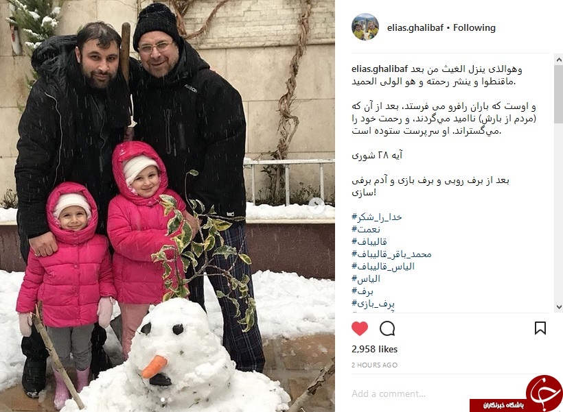 قالیباف در حال تکاندن برف درختان +عکس