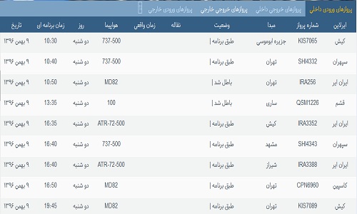 پرواز&zwnj;های فرودگاه&zwnj; بندرعباس یکشنبه 8 بهمن 96