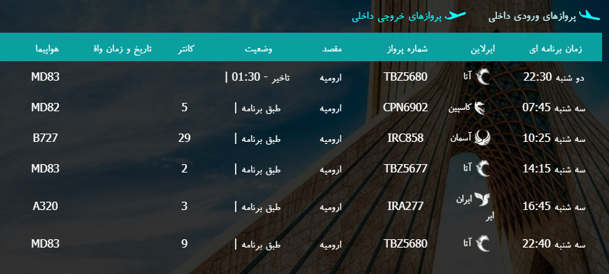 پرواز&zwnj;های سه شنبه ۱ اسفند ماه از فرودگاه بین المللی ارومیه
