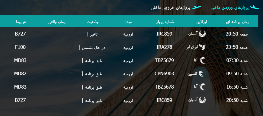 پرواز&zwnj;های شنبه ۱۲ اسفند ماه از فرودگاه بین المللی ارومیه