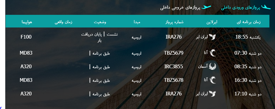 پرواز&zwnj;های دوشنبه ۱۴ اسفند ماه از فرودگاه بین المللی ارومیه
