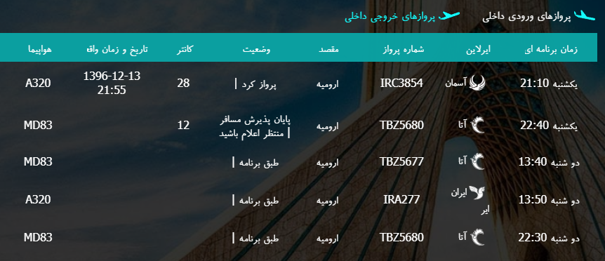 پرواز&zwnj;های دوشنبه ۱۴ اسفند ماه از فرودگاه بین المللی ارومیه