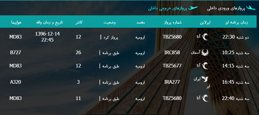 پرواز&zwnj;های سه شنبه ۱۵ اسفند ماه از فرودگاه بین المللی ارومیه