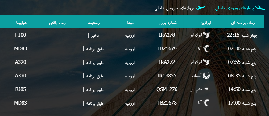 پرواز&zwnj;های پنج شنبه ۱۷ اسفند ماه از فرودگاه بین المللی ارومیه