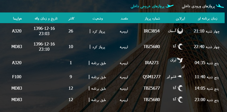 پرواز&zwnj;های پنج شنبه ۱۷ اسفند ماه از فرودگاه بین المللی ارومیه