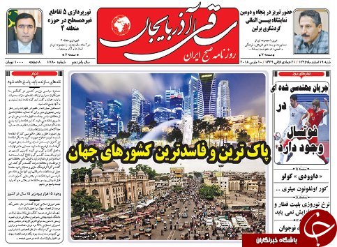 صفحه نخست روزنامه استان&zwnj;آذربایجان شرقی شنبه ۱۹ اسفند ماه