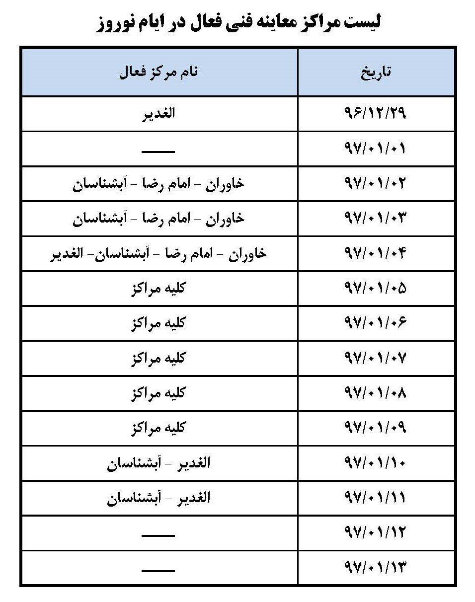 اعلام ساعت کاری مراکز معاینه فنی خودرو در ایام تعطیلات نوروز