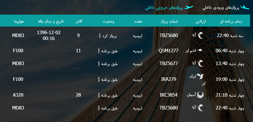 پرواز&zwnj;های چهارشنبه ۲ اسفند ماه از فرودگاه بین المللی ارومیه
