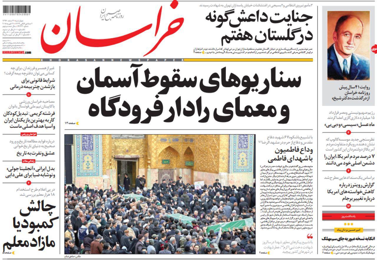 صفحه نخست روزنامه&zwnj;های خراسان رضوی چهارشنبه ۲ اسفند