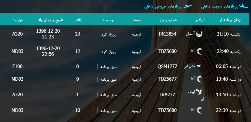 پرواز&zwnj;های دوشنبه ۲۱ اسفند ماه از فرودگاه بین المللی ارومیه