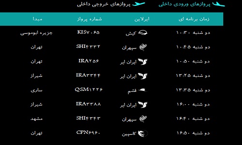 پرواز&zwnj;های فرودگاه بندرعباس دوشنبه ۲۱ بهمن ۹۶