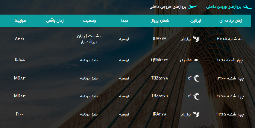 پرواز&zwnj;های چهارشنبه ۱ فروردین ماه از فرودگاه بین المللی ارومیه