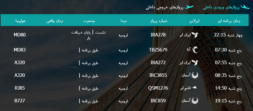 پرواز&zwnj;های پنج شنبه ۳ اسفند ماه از فرودگاه بین المللی ارومیه