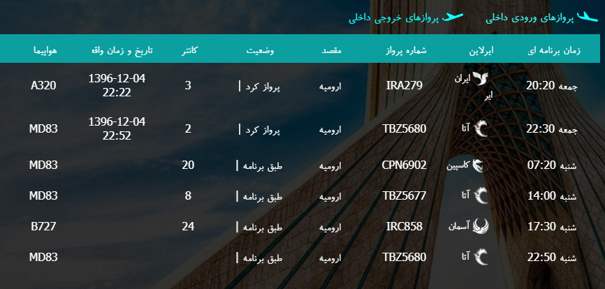 پرواز&zwnj;های شنبه ۵ اسفند ماه از فرودگاه بین المللی ارومیه