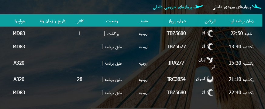 پرواز&zwnj;های یکشنبه ۶ اسفند ماه از فرودگاه بین المللی ارومیه