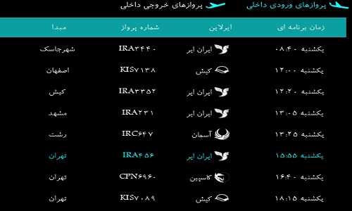 پرواز&zwnj;های فرودگاه&zwnj; بندرعباس یکشنبه 6   بهمن  96