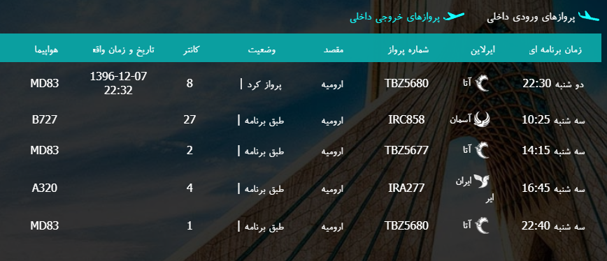 پرواز&zwnj;های سه شنبه ۸ اسفند ماه از فرودگاه بین المللی ارومیه