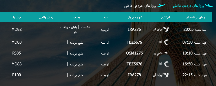 پروازهای چهارشنبه ۹ اسفند ماه از فرودگاه بین المللی ارومیه پروازهای چهارشنبه ۹ اسفند ماه از فرودگاه بین المللی ارومیه