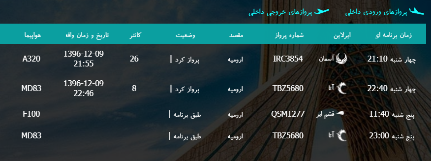 پرواز&zwnj;های پنج شنبه ۱۰ اسفند ماه از فرودگاه بین المللی ارومیه