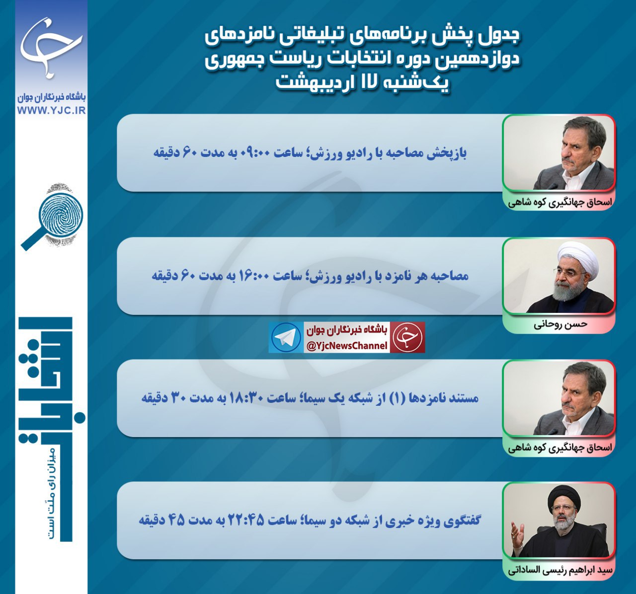 برنامه نامزدهای انتخابات ریاست جمهوری در رسانه ملی در هفدهمین روز اردیبهشت