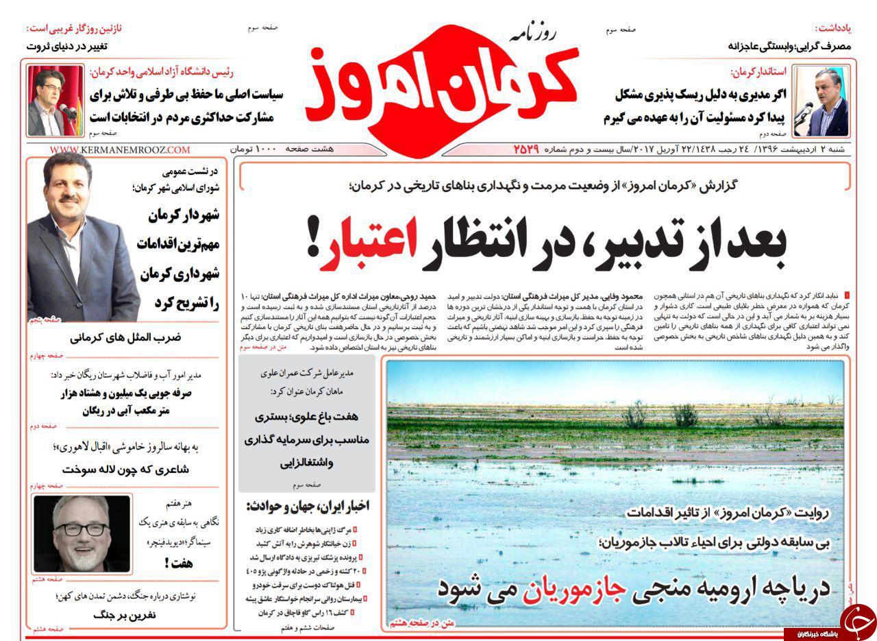 تصاویر صفحه نخست روزنامه های استان کرمان سه شنبه 15 فروردین را مشاهده کنید