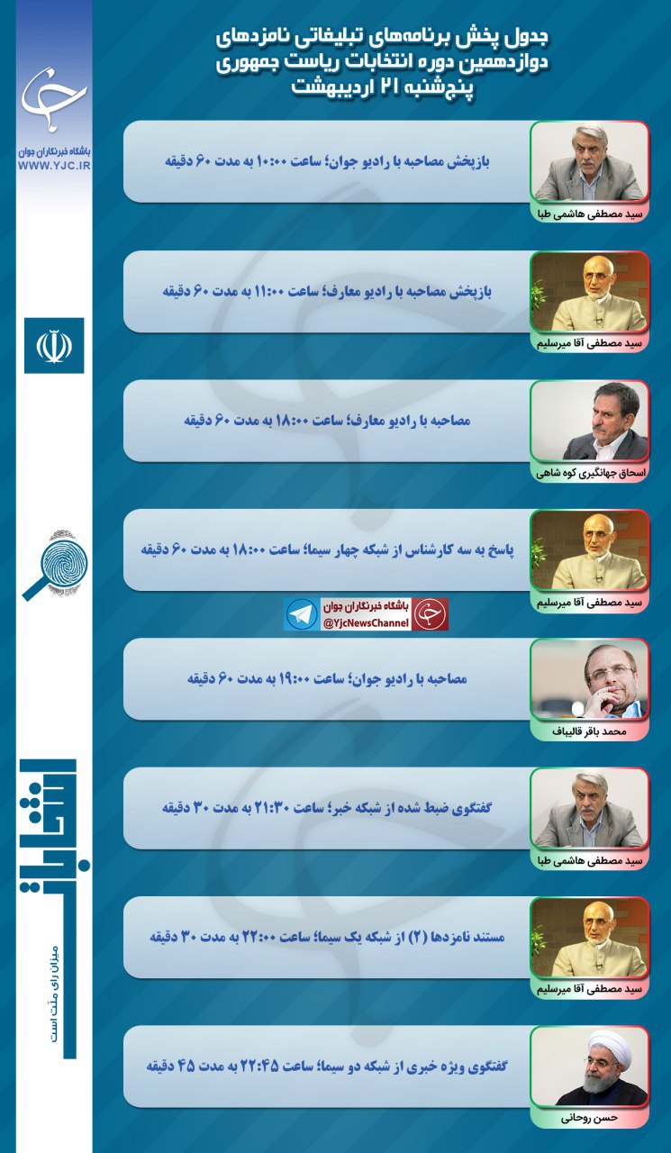 برنامه نامزدهای انتخابات ریاست جمهوری در رسانه ملی در بیست و یکمین روز اردیبهشت