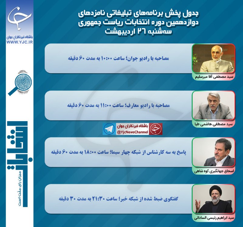 برنامه نامزدهای انتخابات ریاست جمهوری در رسانه ملی در بیست و ششمین روز اردیبهشت