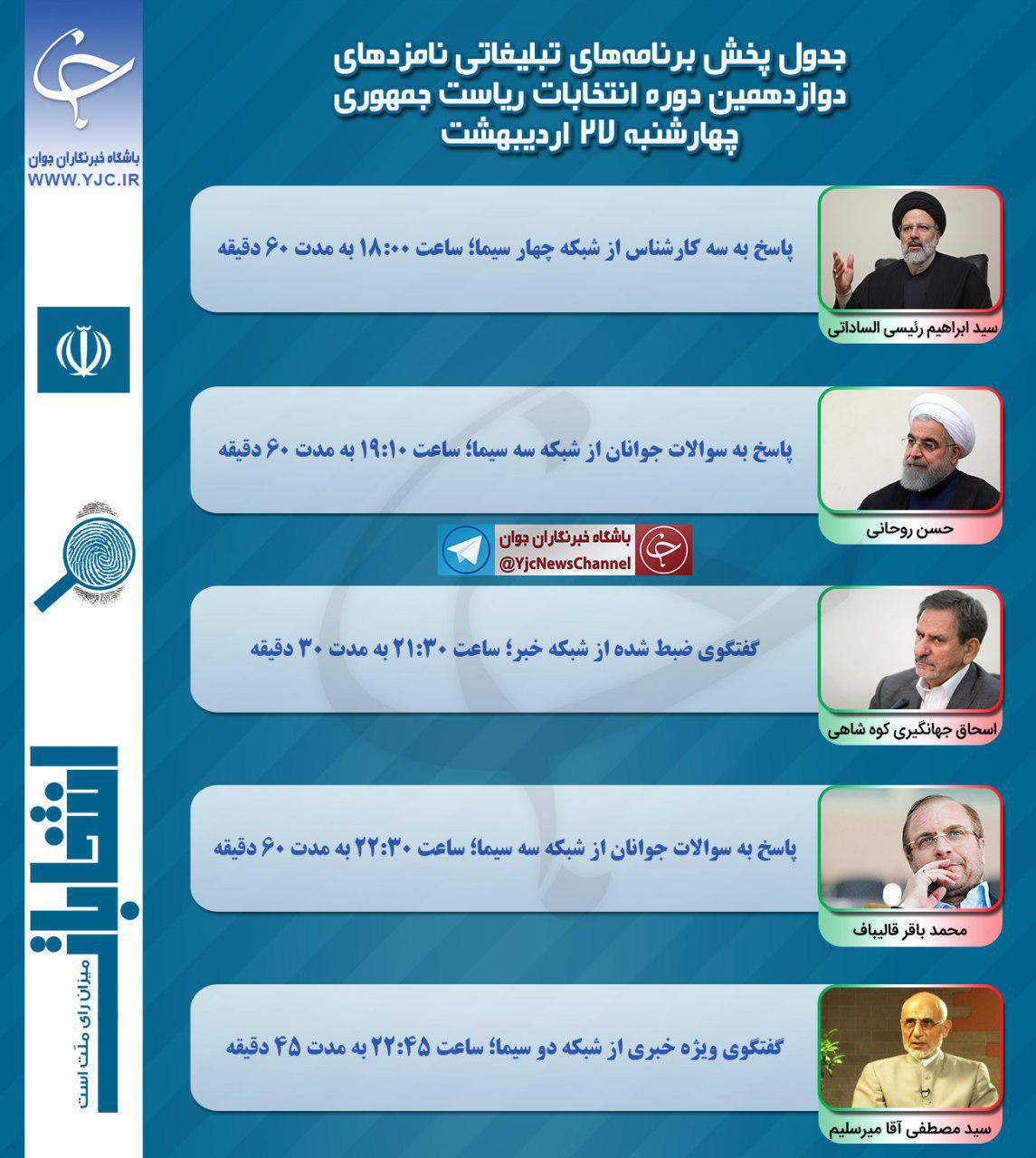 آخرین روز برنامه تبلیغاتی نامزدهای انتخابات ریاست جمهوری در رسانه ملی